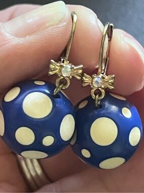 Betsey Johnson Blue White Polka Dot Ball Drop Earrings